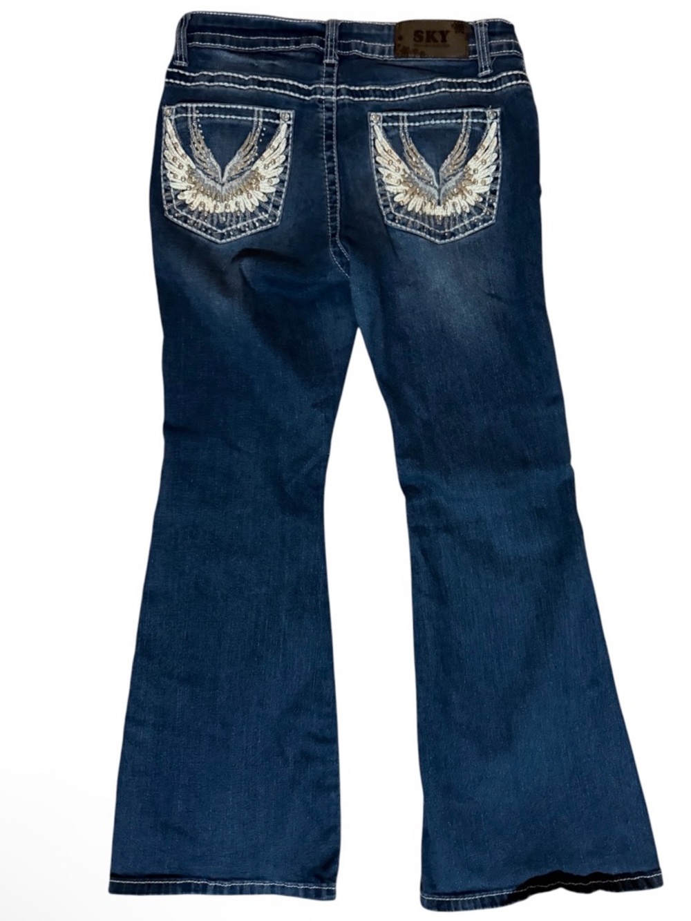 Y2K Sky Dark Blue Flare Jeans with Contrast Stitching